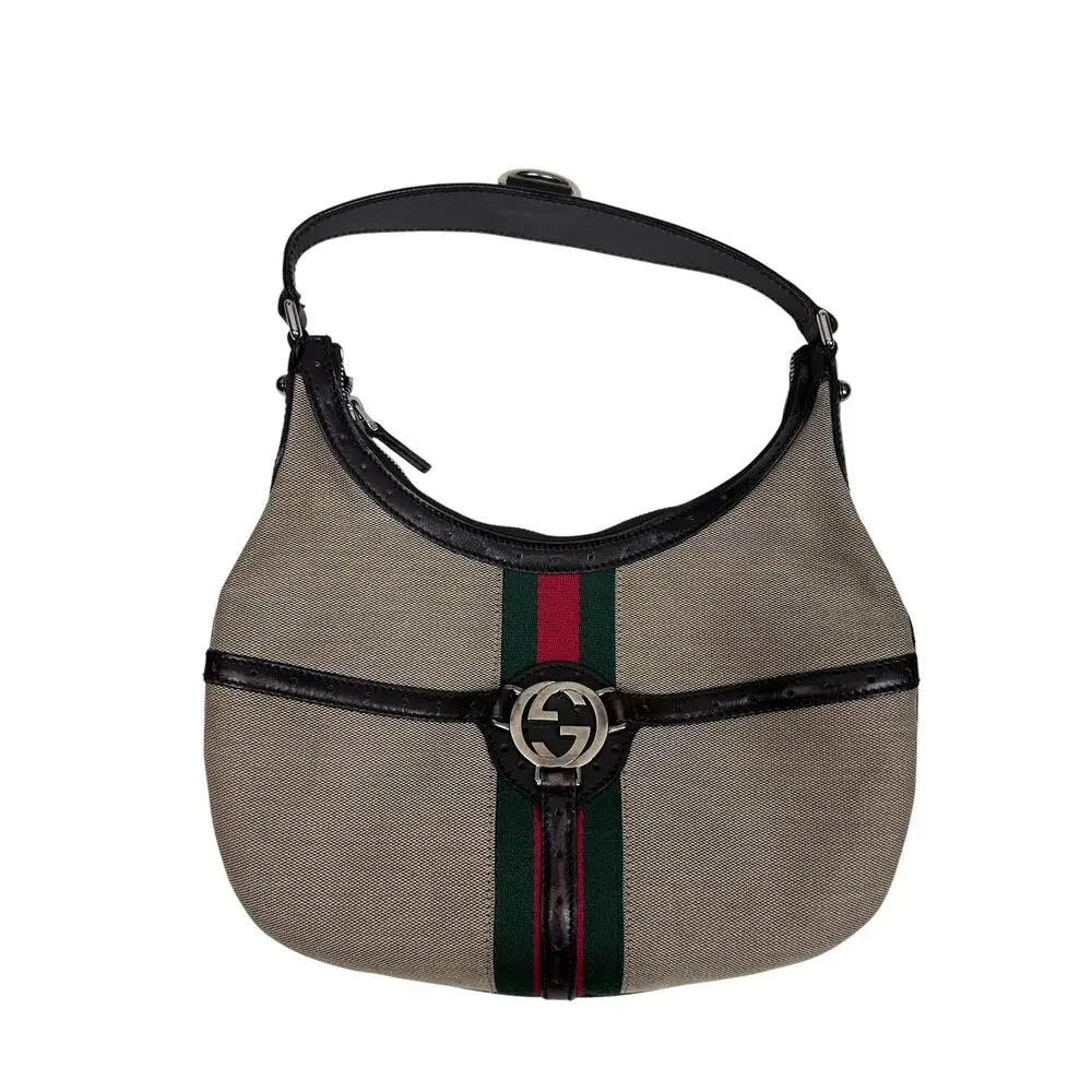 Gucci Tan Canvas GG Emblem Red Green Stripe Brown Leather Trim Web Reins Handbag